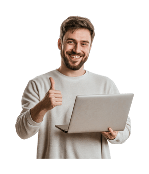 Smiling young caucasian male holding laptop and giving thumbs up gesture png