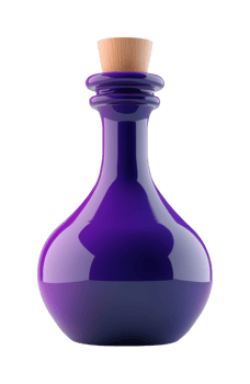 Elegant purple glass bottle with wooden cork stopper png