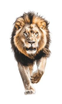Majestic male lion walking forward with intense gaze and regal mane png