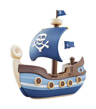 Cartoon pirate ship with skull and crossbones on blue sails png