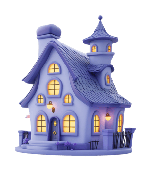 Whimsical cartoon-style purple house with glowing windows png
