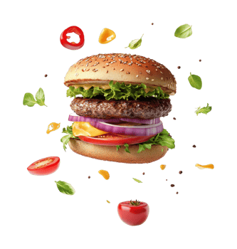 Delicious hamburger with fresh ingredients and seasoning png
