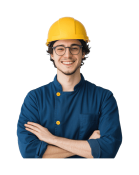 Young caucasian male engineer smiling in safety helmet with arms crossed png