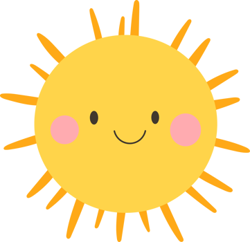Cheerful cartoon-style sun with a cute face and rosy cheeks, radiating warmth and happiness with its bright yellow glow. png
