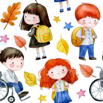 cute watercolor print with school kids and school supplies. seamless pattern on back to school theme vector
