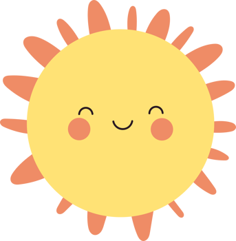 A whimsical illustration of a smiling, yellow sun with warm orange rays radiating outward. Cheerful design evokes positivity and summer. png