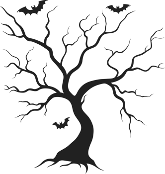Silhouette of a spooky tree and bats set against a dark night sky evokes the eerie atmosphere of Halloween and haunted happenings. png