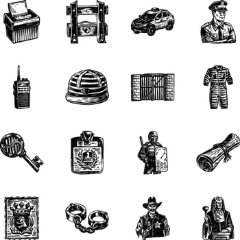 Pack of 16 Law and Police Vintage Style Illustrations vector