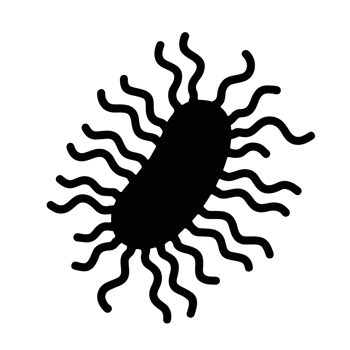 A stylized black silhouette of a bacterium with a central oval shape surrounded by wavy lines.cutouts png