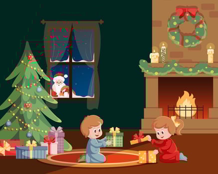 Santa Claus looks out the window. Children opening gifts under Christmas tree near fireplace.Flat cartoon style illustration. For Christmas cards. Holiday cartoon character vector