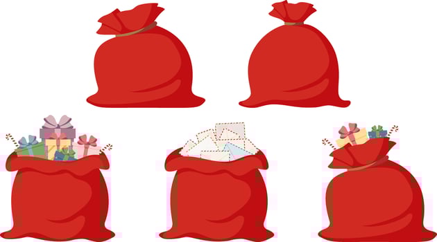 Set of Santa Claus red bags. Open and closed Christmas bags with gifts. Hand drawn illustration. vector