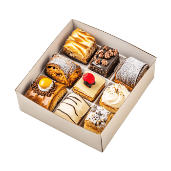 Assorted delicious mini pastries in a box, showcasing a variety of gourmet cakes and desserts Concept of indulgence, celebration, and sweet treats png