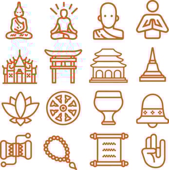 Icon set of buddhism religion. Buddhist temple yoga meditation spiritual mandala buddha religious symbol. Thin line icons. vector