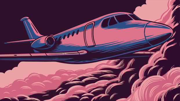 Private Jet Flying Above Clouds, Aviation Illustration vector