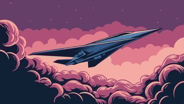 Stealth Bomber Jet Flying Above Pink Clouds at Night vector