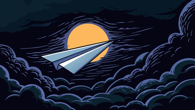 Paper Airplane Flying Through Night Sky, Moon vector