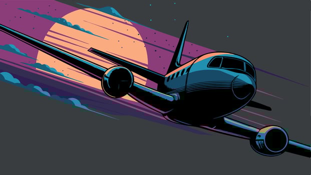 Airplane Flying at Sunset, Night Flight, Travel Graphic vector
