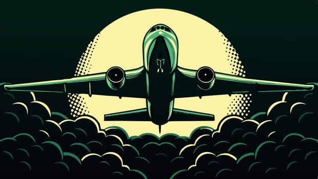Airplane Landing at Night, Retro Design, Illustration vector