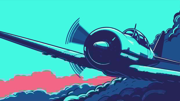 Vintage Propeller Plane Flying Through Clouds, Retro Artwork vector
