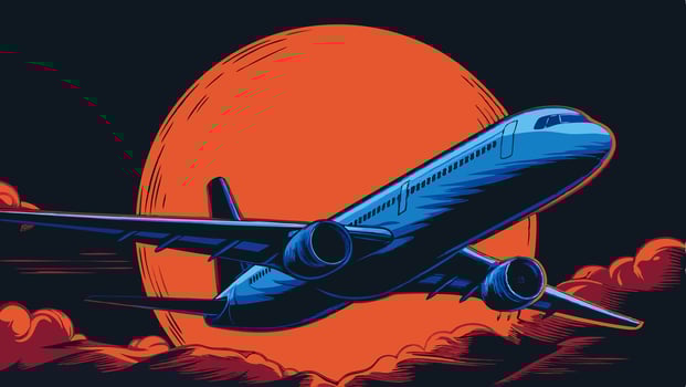 Airplane Flying Over Sunset Clouds Travel Poster Design vector