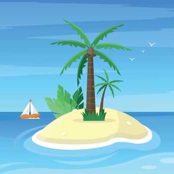 Landscape with an island and a sailboat in the ocean. Vacation, holidays on the island. Tourism. vector