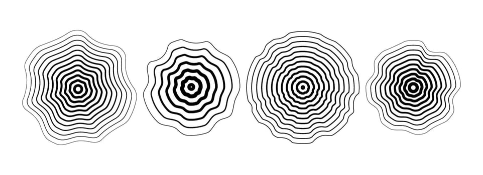 Black concentric rippled circle set. Dotted and dashed round sound wave collection. Epicenter, target, radar, sonar icon concept. Ripple halftone radial radio signal or vibration element pack vector