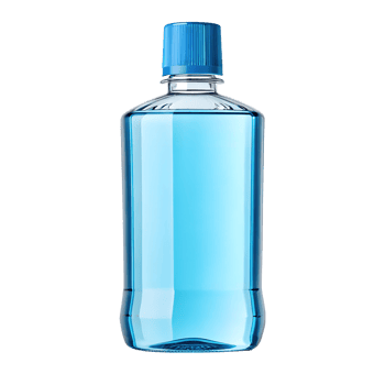 A clear plastic bottle of mouthwash with a blue cap, filled with a refreshing blue liquid. Perfect for showcasing your brand or product designs. png