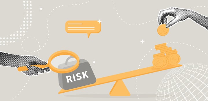 Trendy halftone collage. Risk assessment and investment balance. Concept of expected return, high risk, investment, balance with heavy risk burden, money management. illustration vector