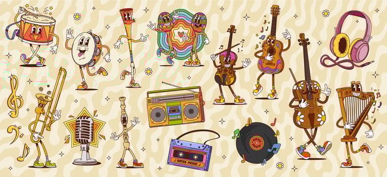 Cartoon groovy musical characters and instruments vector