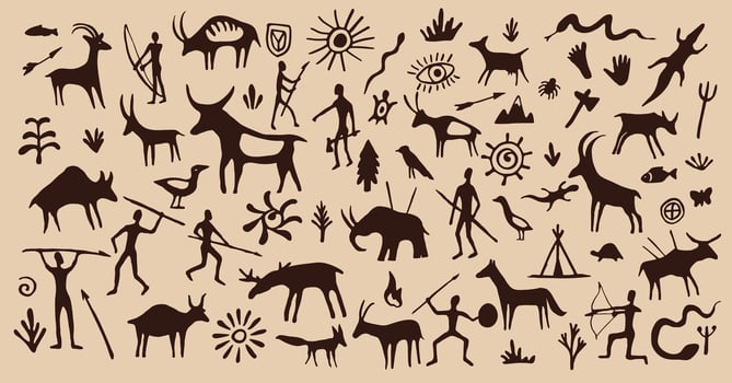Cave painting, ancient prehistoric drawings vector