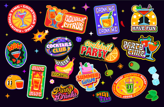 Cocktail drinks glasses y2k groovy stickers vector