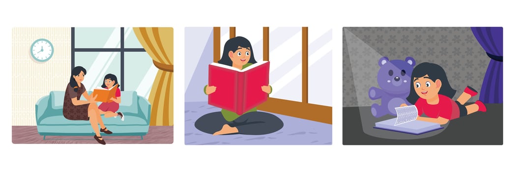 Mother Reading to Daughter on Sofa. Reading a Book Near Window. Girl Reading a Book Near Teddy Bear. vector