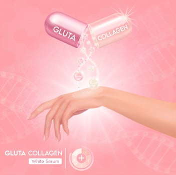 Collagen glutathione serum oil drop for capsule absorbed into the skin cell hand. Getting skin younger with help of moisturizer hyaluronic acid. skin solutions for cosmetic advertising. vector