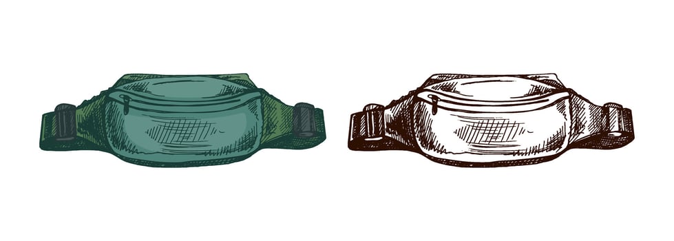 Hand drawn vintage colored and black sketch of waist belt bag with zipper, pack for travel, hiking and sports gear vector