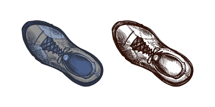 Hand drawn vintage colored and black sketch of hiking boot for trekking, mountain adventure and outdoor travel isolated vector