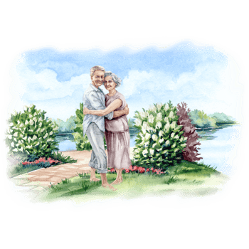Elderly pair hagging in the nature on the riverside png