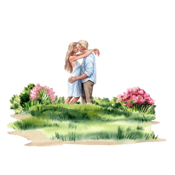 Young Pair hugging on the green Lawn with blooming flowers png