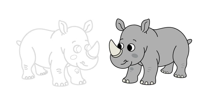 Simple flat black rhinoceros isolated on white background, rhino isolated on white background. For kids coloring book vector