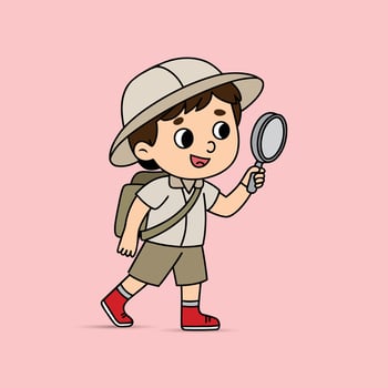 Cute kid finding about something. Boy child finding with Magnifying Glass vector