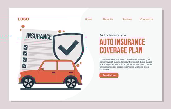 Auto insurance claim landing page template with car and check mark. vector