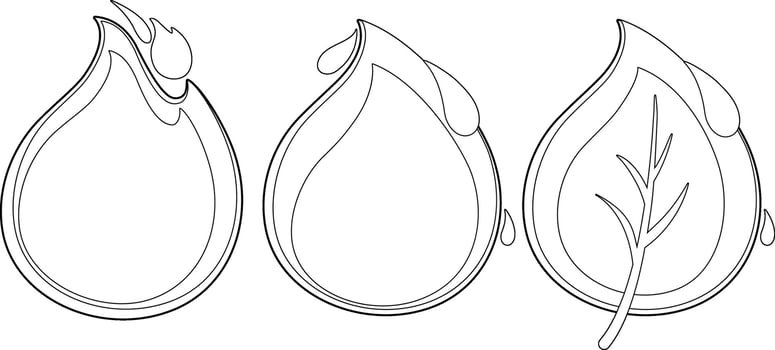 Nature elements. Water, Fire, Earth. Ecology, energy and nature icons of a flame, a water drop and a leaf. Fire, water drop and plant leaf symbols. Black and white coloring page. vector