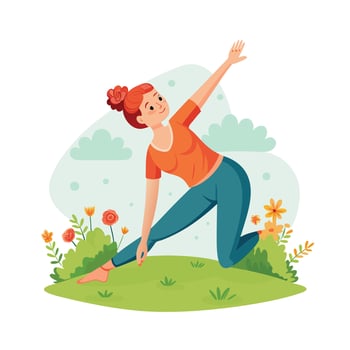 Woman practicing yoga outdoors in a blooming garden perfect for wellness fitness and healthy lifestyle websites and social media vector