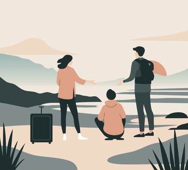 Tourism scene in a flat style. A group of young people came to relax on the shore of the lake. Illustration in pastel colors vector