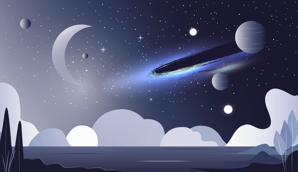 Space scene. Galaxy, planet surface, ice. Futuristic space illustration. Fantasy universe vector
