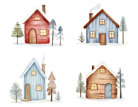 Watercolor scandinavian houses and snowy trees. Childlike fairy northern houses. Cute hand drawn illustration vector