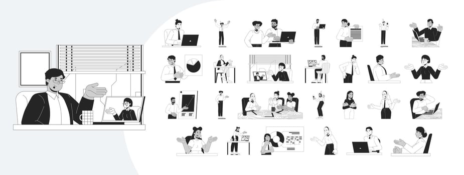 Corporate life outline illustrations mega bundle. Workplace communication. Remote teamwork. Professional talk. Diverse employees 2D linear images isolated. Collection black and white drawings vector