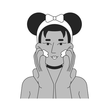 Black woman applying cream moisturizer outline illustration. Cleansing face skin care. Facial routine. African american female 2D line character isolated on white. Monochrome ink linear image vector