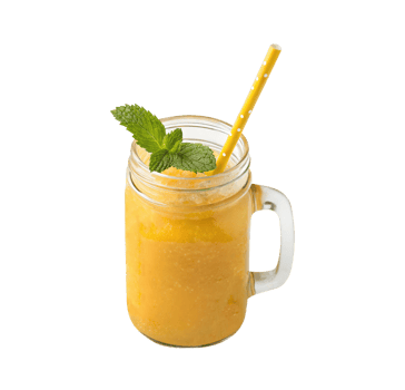 Iced mango smoothie or juice in a glass jar with straw and mint on a transparent background drinks design png