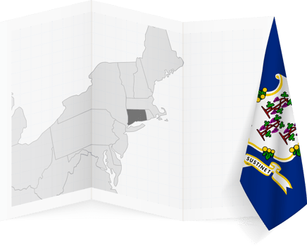 Connecticut grayscale map and hanging flag. png