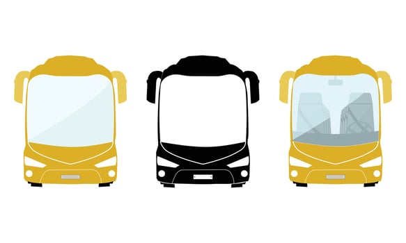 Front view of three different buses silhouettes and illustrations vector